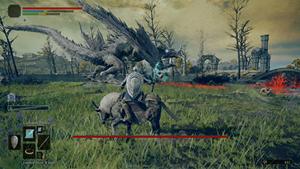 Elden Ring gameplay showing a mounted player facing a dragon. FromSoftware / Bandai Namco