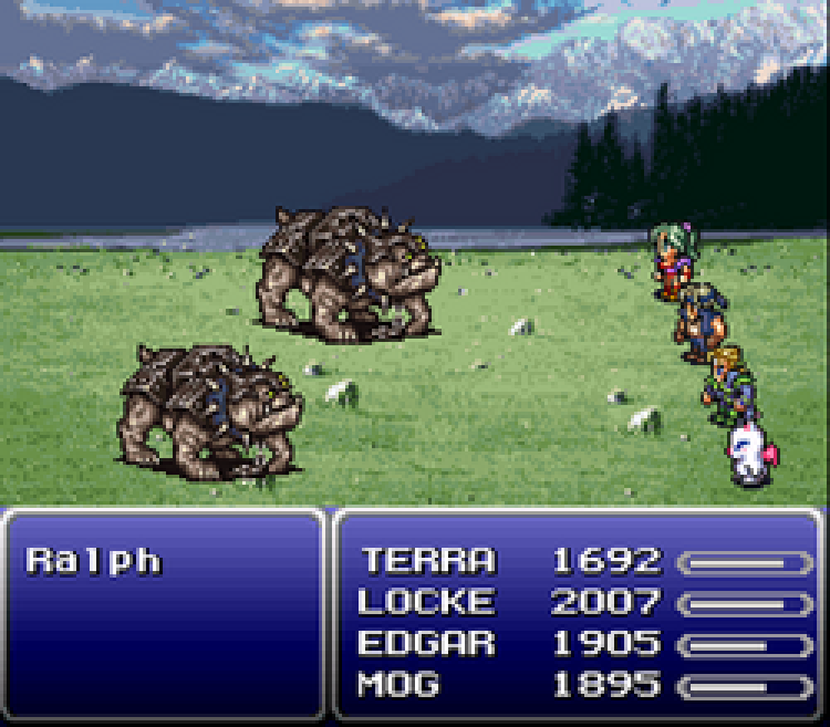 Original Final Fantasy VI battle screen with the party and enemies. Square