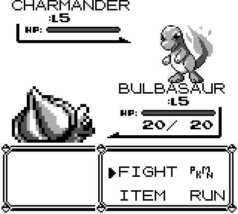 Pokémon Red/Blue battle showing Bulbasaur facing Charmander. Game Freak / Nintendo / Creatures