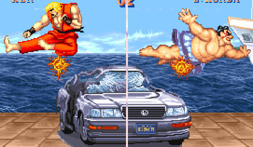Street Fighter II car-bonus suspended-character screenshot from error1’s ComboVid glitch handbook