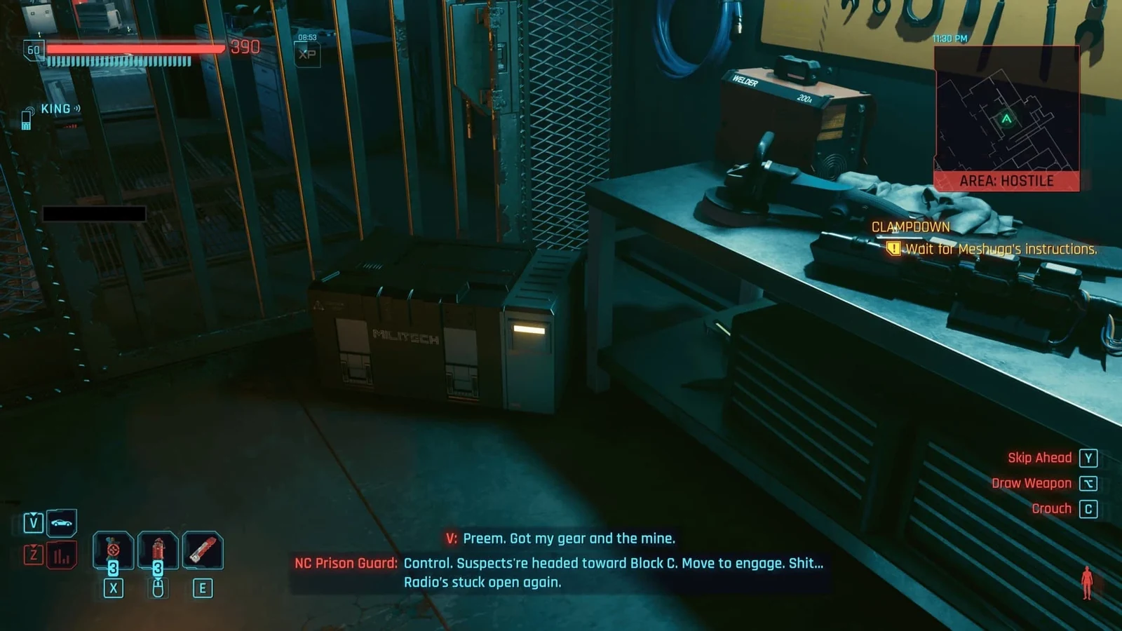 Cyberpunk 2077 showing Wait for Meshuga’s instructions in the armory