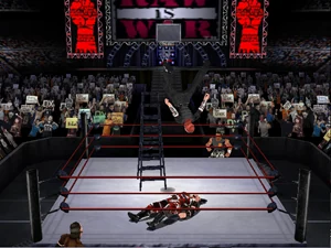 Jeff Hardy performing a move in a WWF No Mercy ladder match