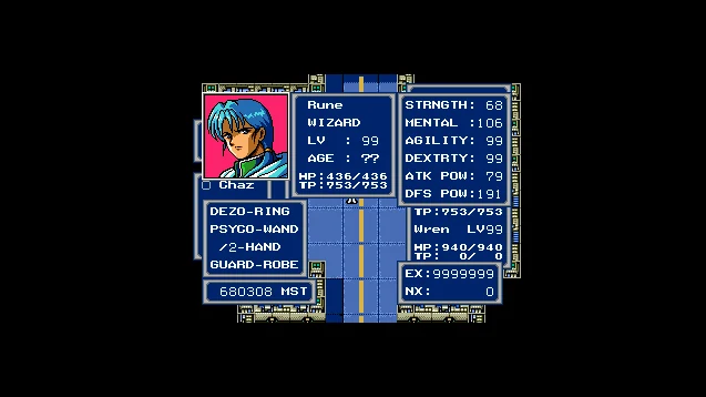 Phantasy Star IV level 99 character statistics on a community patch listing
