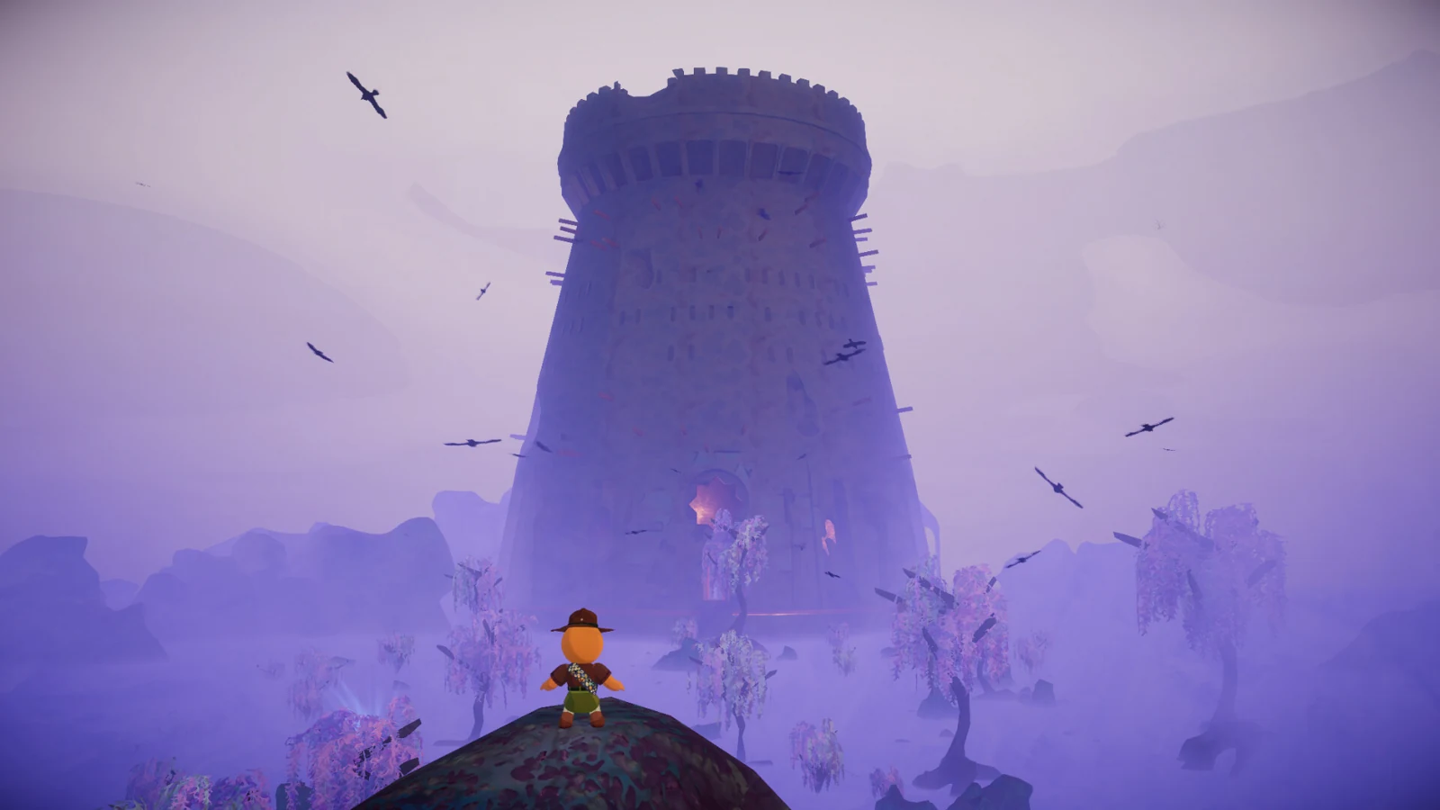 A PEAK character approaching a stone tower
