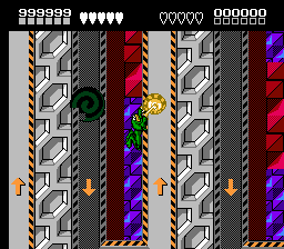 Battletoads NES Clinger Winger stage, with a toad riding beside the vertical track.