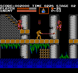 Simon Belmont uses his whip in Stage 02 of the original NES Castlevania.
