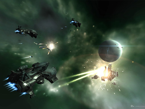 Spaceships exchanging weapons fire near a planet in an EVE Online Trinity screenshot credited to CCP.