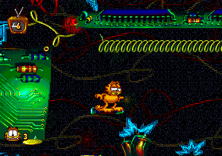 Garfield crosses an electronic platform area in the Genesis version of Caught in the Act.