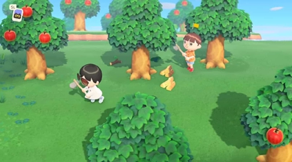 Two players on one island via multiplayer. The player to the right is harvesting wood from a tree using an axe. Original game screenshot; Nintendo / respective developers
