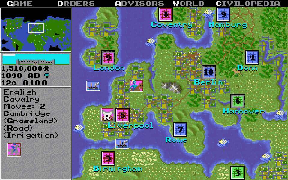 Civilization, Amiga version: an original game screenshot. MicroProse; image source: Wikipedia