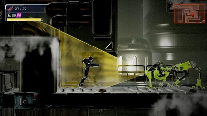 Samus Aran hiding from an E.M.M.I. robot using the Phantom Cloak Original game screenshot; Nintendo / respective developers