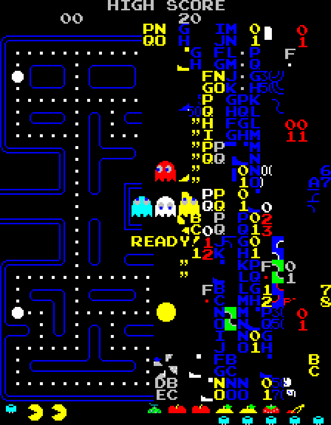 Original Pac-Man arcade screenshot reproduced in Chris Lomont’s Pac-Man Emulation Guide, page 23. Game: Namco. Research illustration, not a new gameplay test.