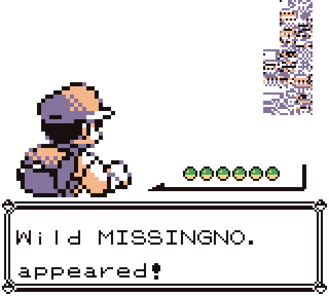 Pokémon Red/Blue battle screenshot showing MissingNo. Game Freak / Nintendo / Creatures. Source: Wikipedia.