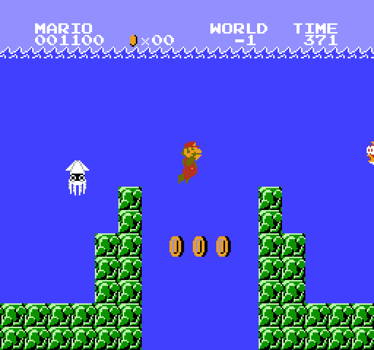 Super Mario Bros., NES cartridge version. Original game screenshot; Nintendo. Source: Wikipedia Minus World article.