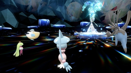 Up to four players can participate in battles against Terastallized Pokémon in Tera Raids. Here, the Pokémon are fighting a Gardevoir that has Terastallized into the Water-type. Original game screenshot; Nintendo / respective developers