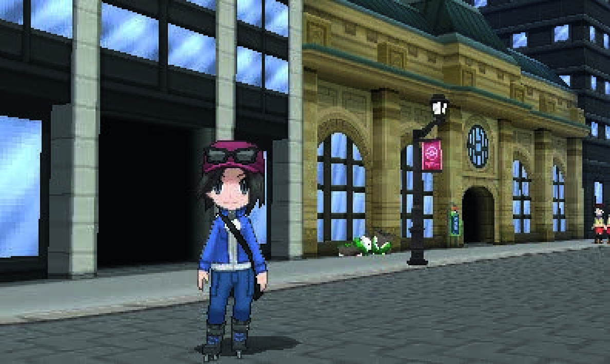 Pokémon X/Y pre-release game screenshot showing a Trainer on a Lumiose City street, extracted from Nintendo’s official brochure, page 5. Game Freak / Nintendo / The Pokémon Company