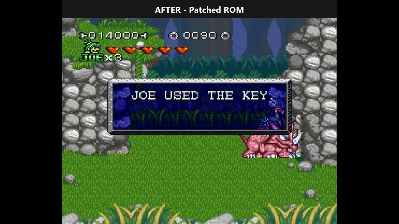 Joe and his dinosaur at the stone doorway, with JOE USED THE KEY displayed in the patch author’s after-fix demonstration.