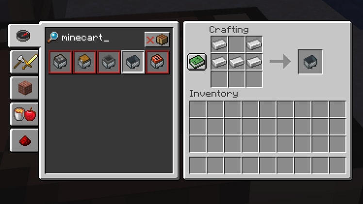 Minecraft crafting interface showing the iron-ingot recipe for a minecart.