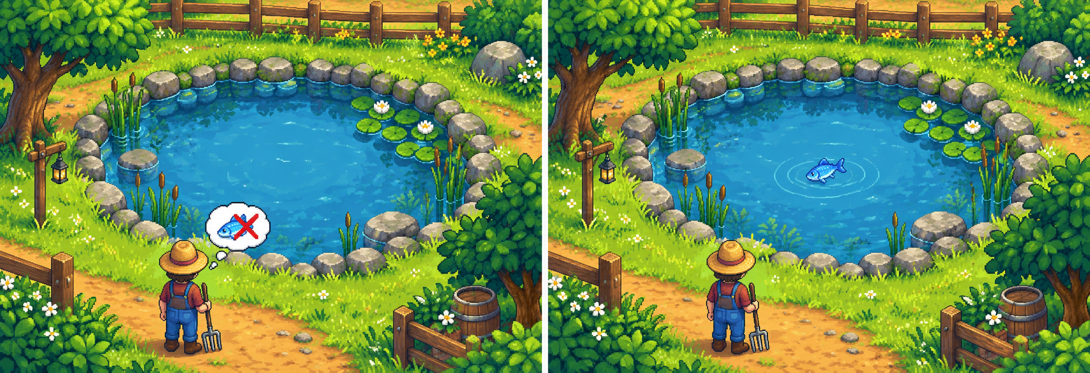 Illustrated comparison: legendary fish excluded from a pond before 1.6.9 and one legendary fish in a pond after the feature was added.