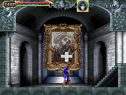 Jonathan stands beside a glowing portrait in a stone corridor in the Nintendo DS version of Portrait of Ruin.