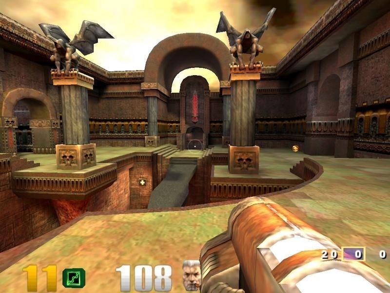 Quake III Arena first-person gameplay with weapon and HUD visible in an arena.