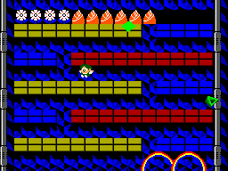 Rainbow Islands on Master System, showing the player, platforms and two curved rainbows.