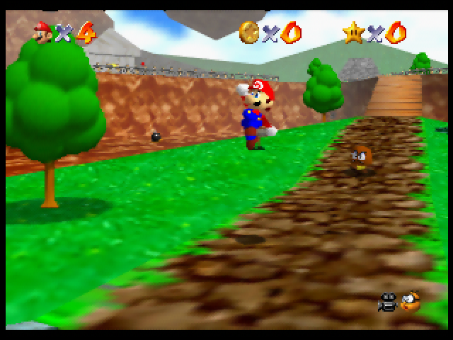 Super Mario 64 USA gameplay in Bob-omb Battlefield with Mario and the original HUD.