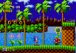 Sonic 1 Genesis gameplay in Green Hill Zone, with the ring counter visible at the upper left.