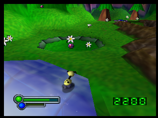 A sheep-like robotic animal stands beside water in Nintendo 64 Space Station Silicon Valley.