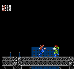 Hiryu fights on a blue industrial platform in the NES version of Strider.