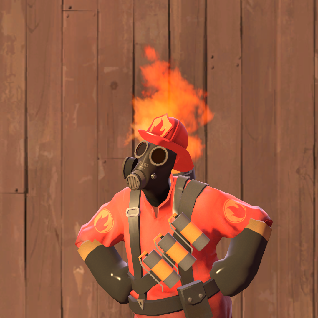A Team Fortress 2 Pyro wearing a hat with the Burning Flames Unusual particle effect.