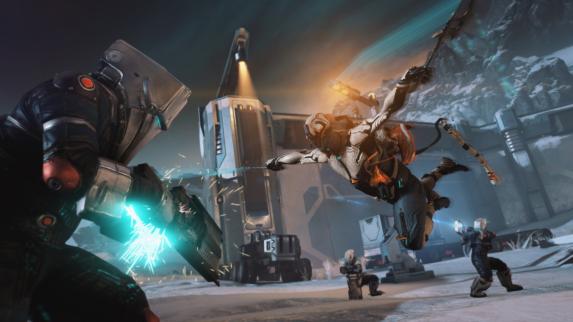 Official Warframe promotional image showing armoured characters in combat.
