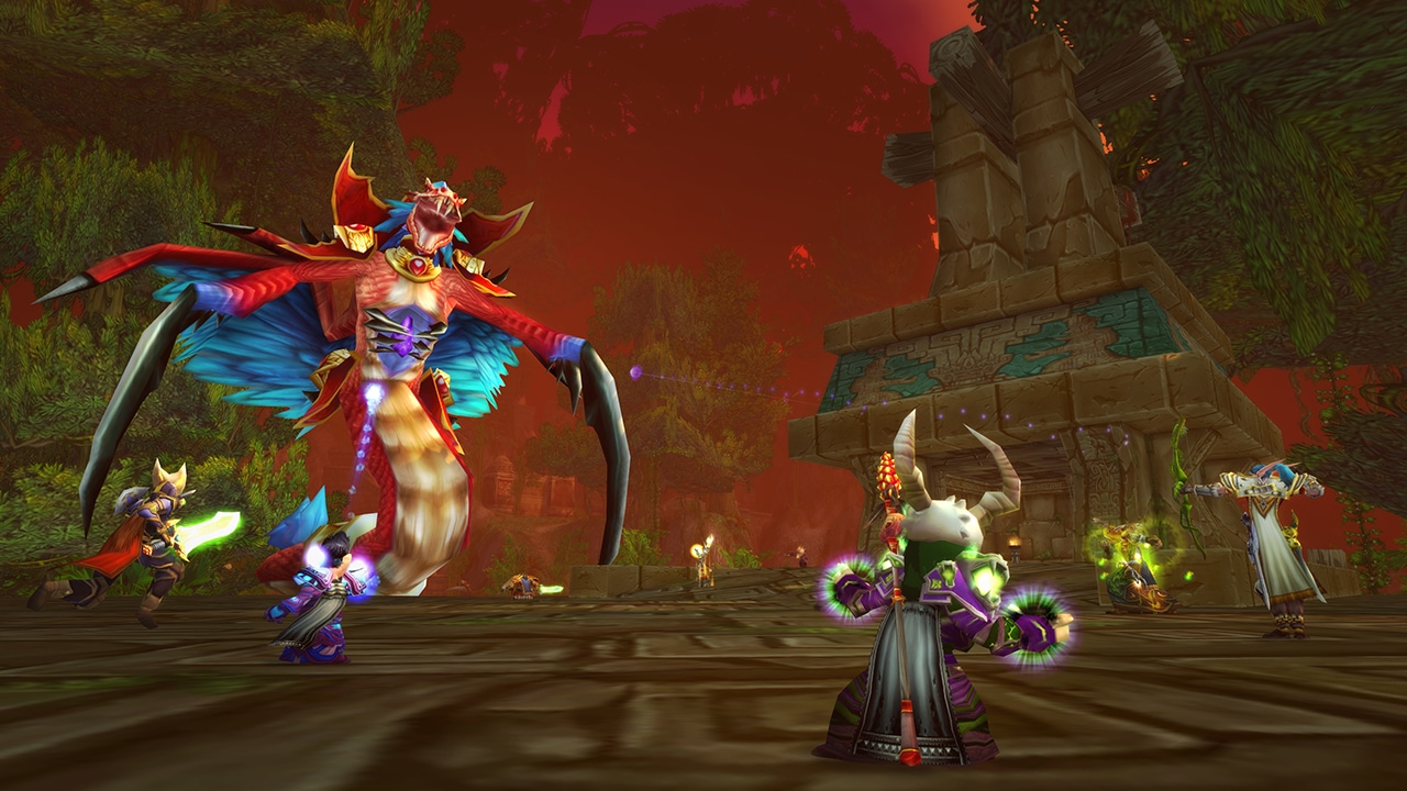Players fighting Hakkar in Zul’Gurub in World of Warcraft Classic.